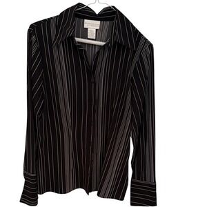 Worthington Stretch Womens Small Black White Pinstripe Button Down Blouse Shirt
